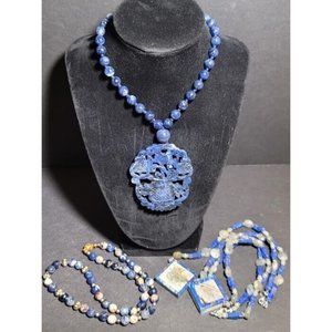 Vintage Sodalite Lapis Pendant Necklace Gemstone Beaded Handmade Jewelry Lot